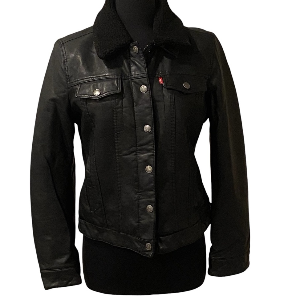 Levi’s Faux Leather Deep Black Sherpa Lined  Bomber Jacket - NWOT Medium